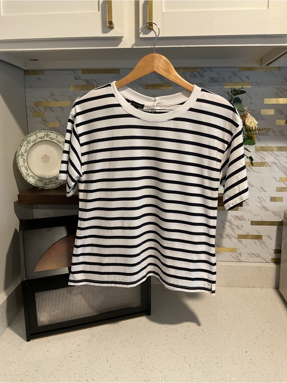 Talbots White Tee with Navy Stripes, Button Accents